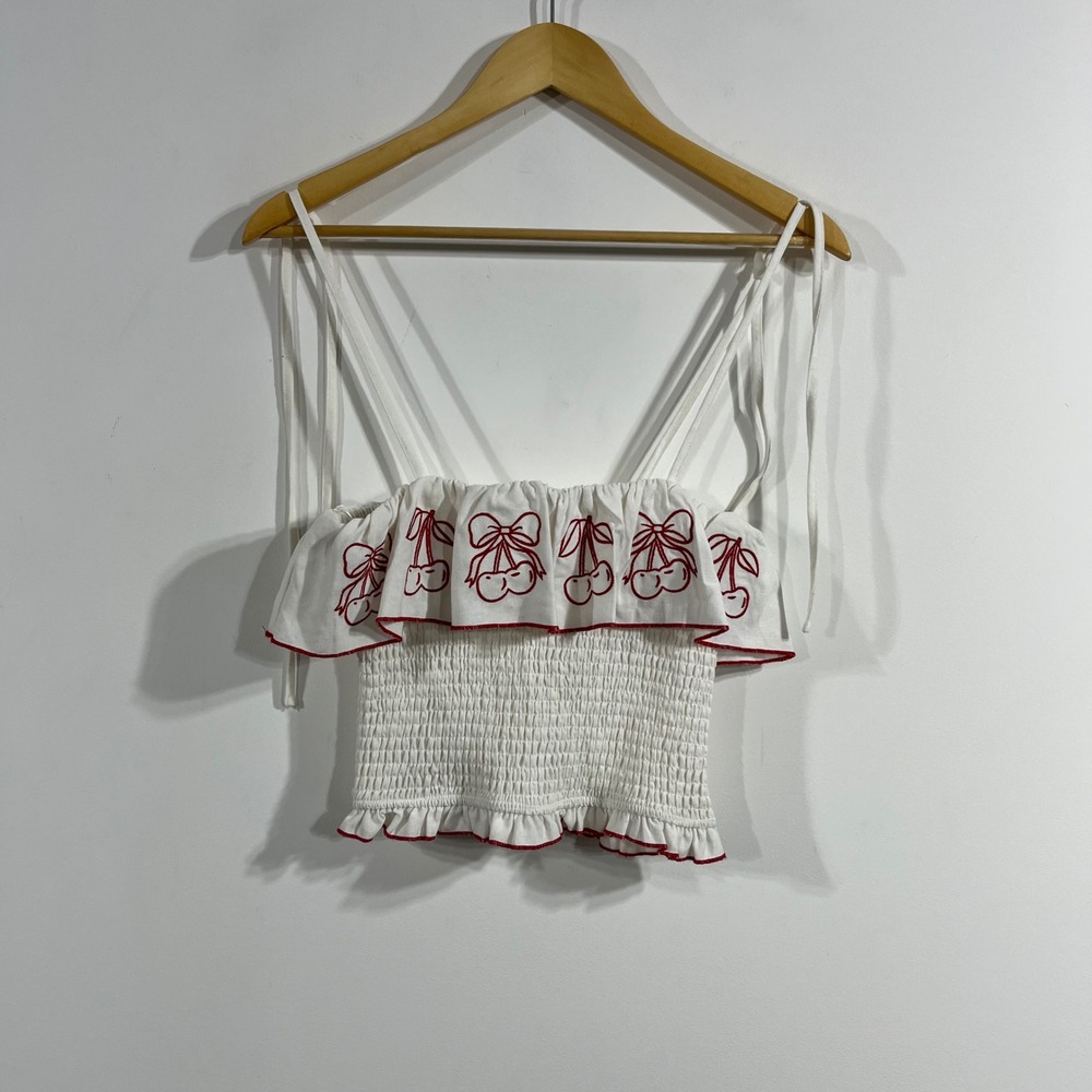 Women Y2K Euro Summer Coquette Fruit Cherry Embroidery Smocked Top Small Boho 90
